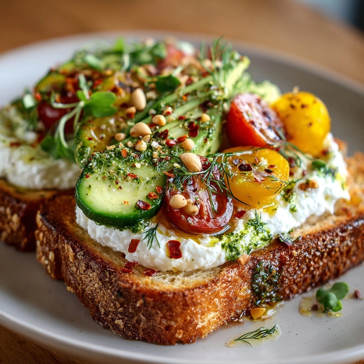 Crispy sourdough breakfast toast with whipped feta, adorned with colorful toppings, perfect for a flavorful morning.