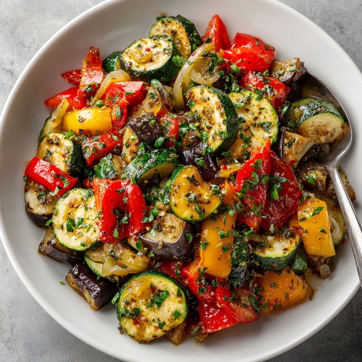 A close-up of a flavorful Garden Vegetable Ratatouille, showcasing tender vegetables, herbs, and a rich, savory aroma.
