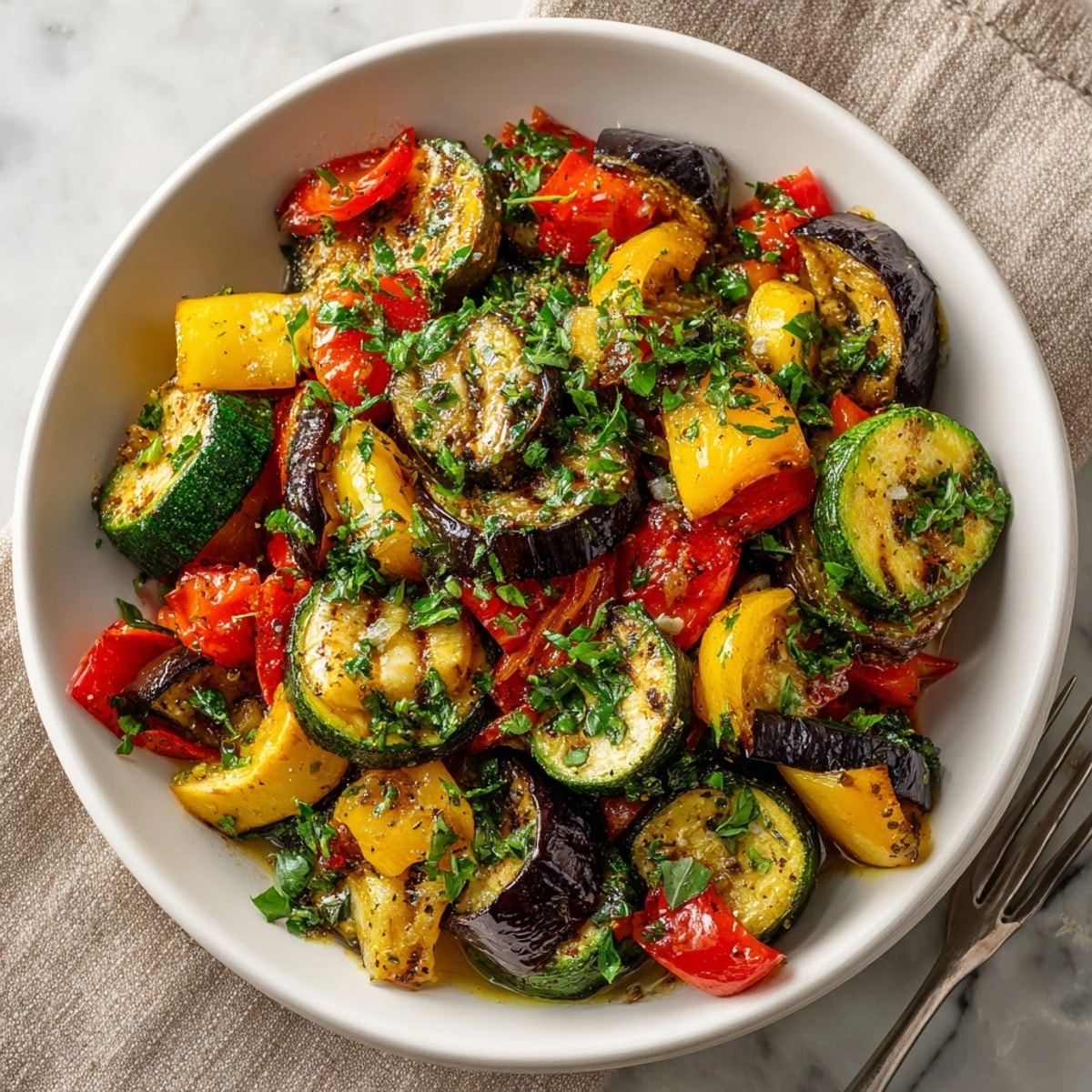 Enjoy a warm bowl of Garden Vegetable Ratatouille, a comforting French dish perfect for a weeknight meal.