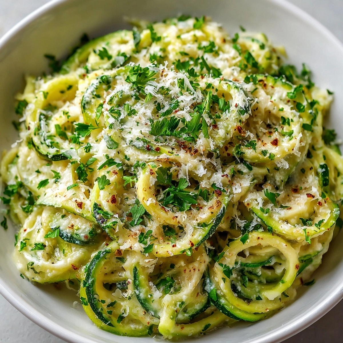 Creamy Garlic Parmesan Zucchini Noodle Alfredo twirled on a fork, steaming and freshly served.