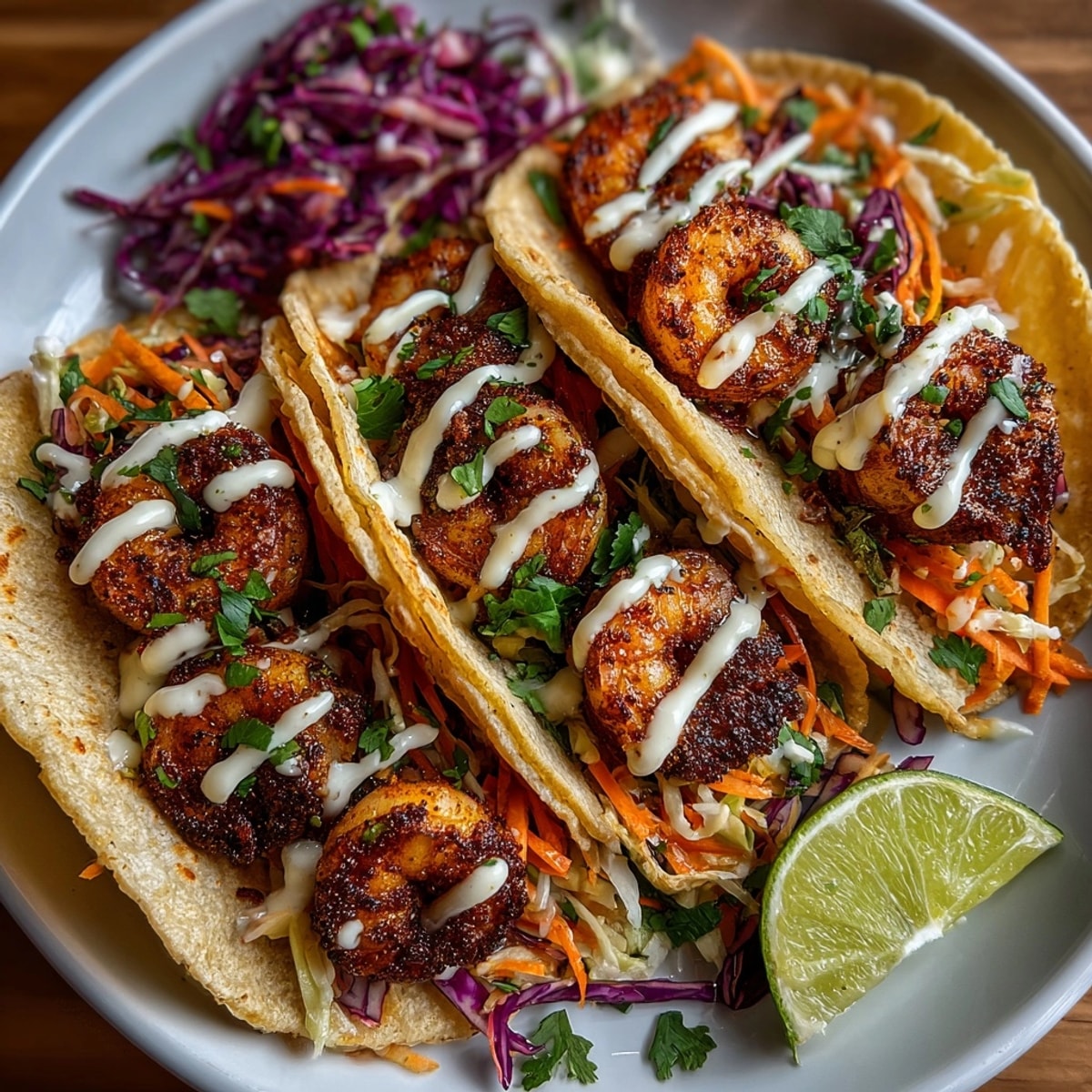 Cajun Shrimp Tacos packed with spicy shrimp, crisp cabbage slaw, and creamy sauce in warm tortillas