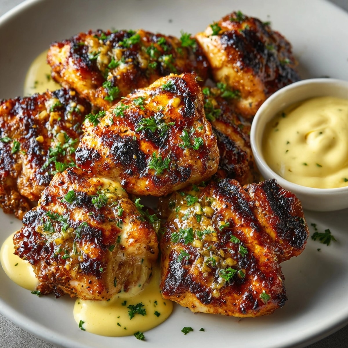 Grilled chicken bites with creamy garlic sauce served on a platter, garnished with fresh parsley.
