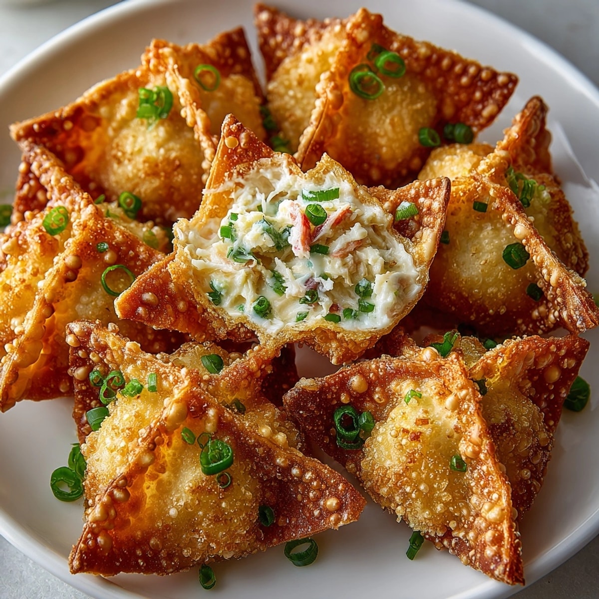 Crab Rangoon arranged on a platter, golden and crispy with creamy crab filling visible.