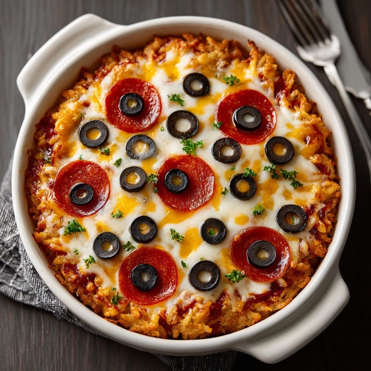 Warm, cheesy Eerie Eyeball Pizza Dip ready to be scooped with toasted baguette slices.