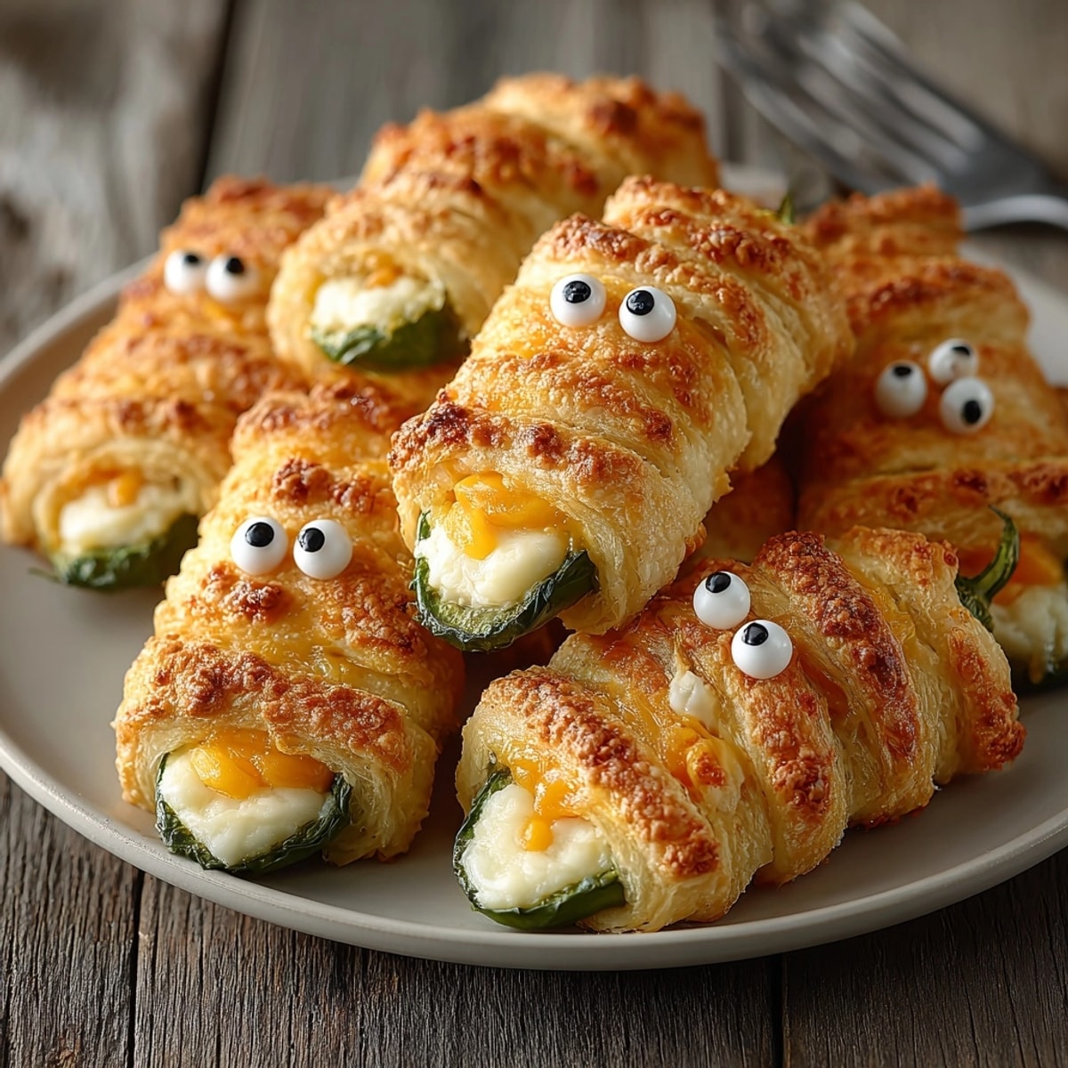 Baked Mummy Jalapeño Poppers with melted cheese eyes on a parchment lined baking sheet.