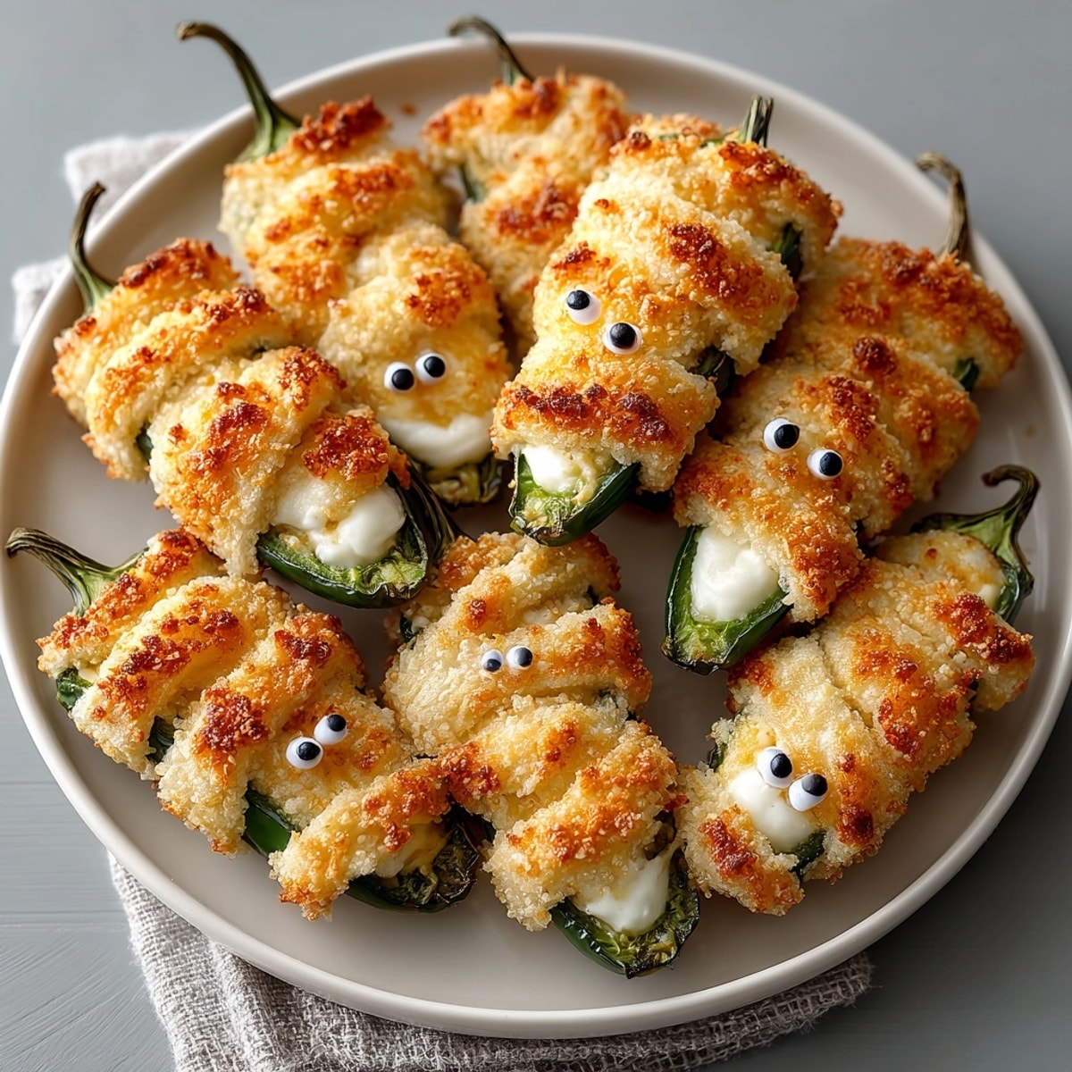 Homemade Mummy Jalapeño Poppers, a fun Halloween appetizer, warm from the oven.