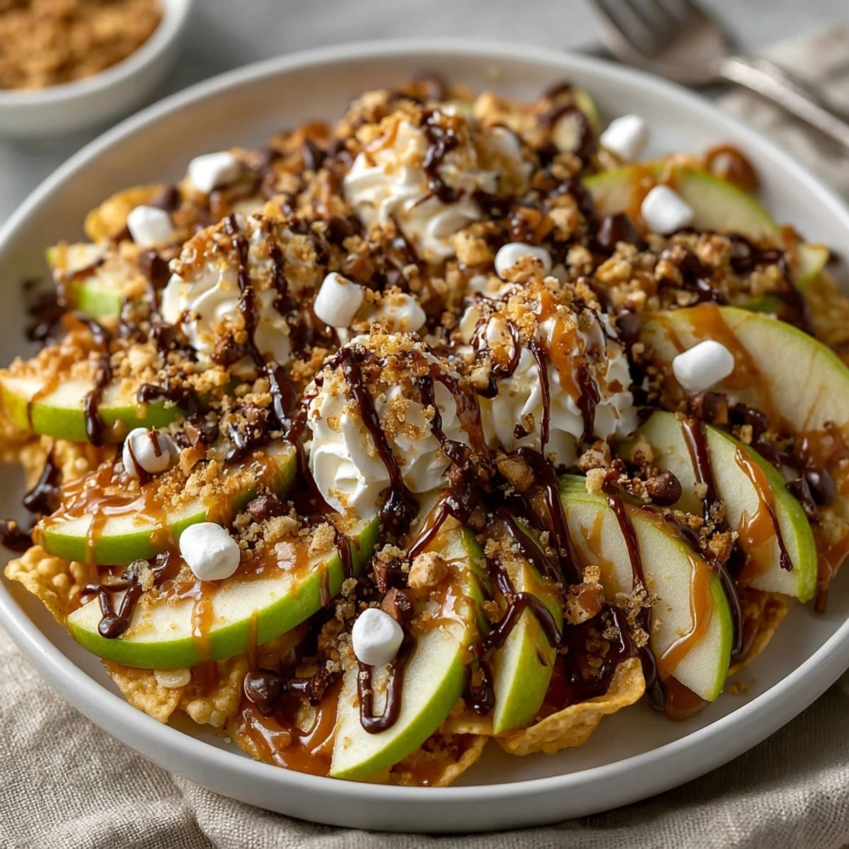 Golden Caramel Apple Nachos: Crisp Granny Smith apples drizzled with warm caramel sauce.