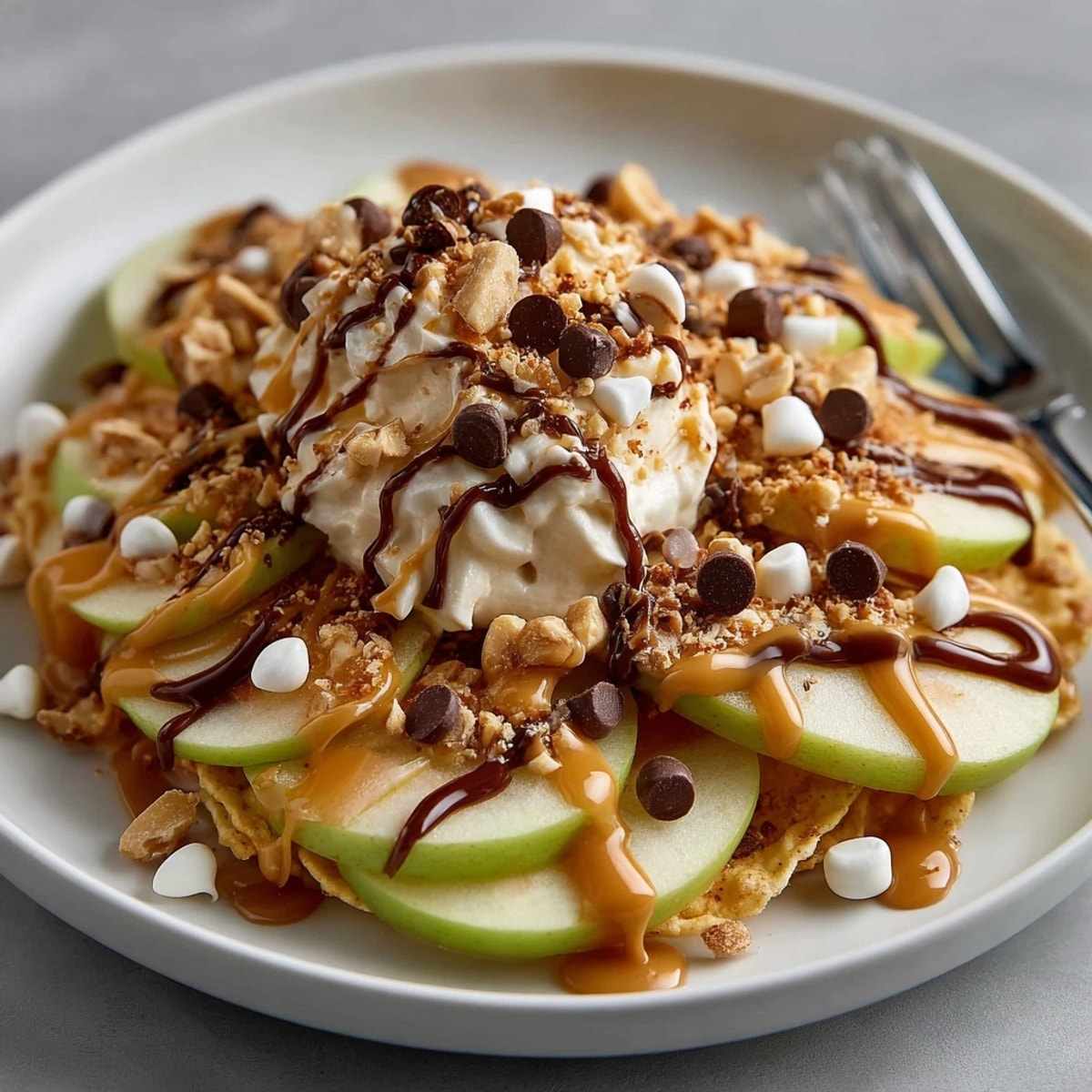 Delectable Caramel Apple Nachos: Sweet caramel-covered apple slices with chocolate chips, ready to serve.