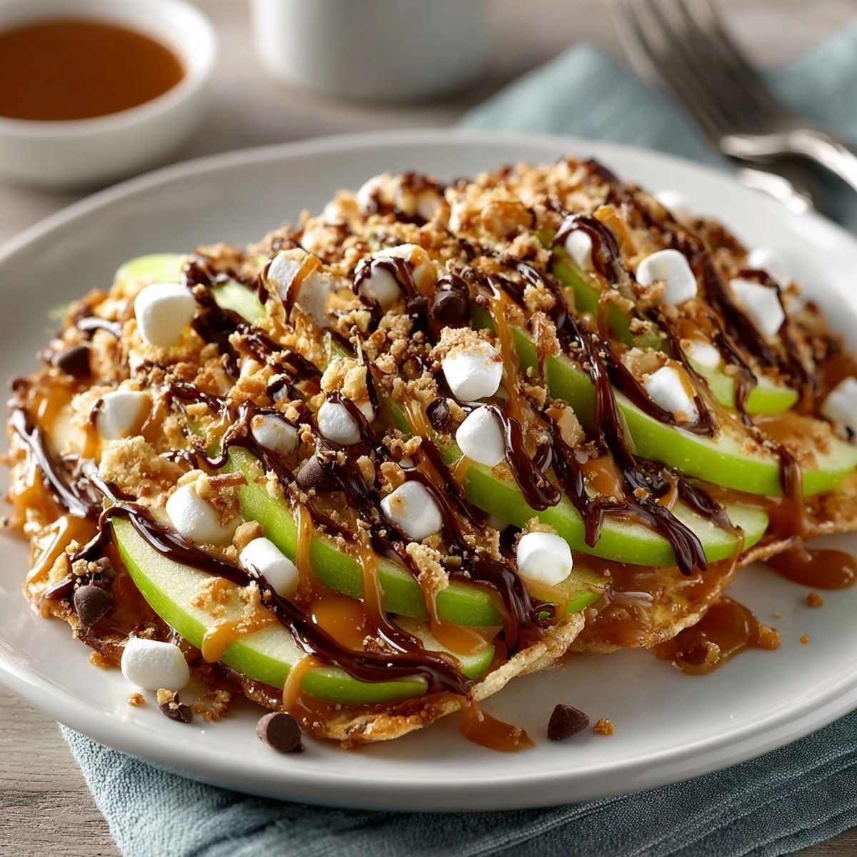 Easy Caramel Apple Nachos recipe: Sliced apples piled high with nuts and marshmallows.