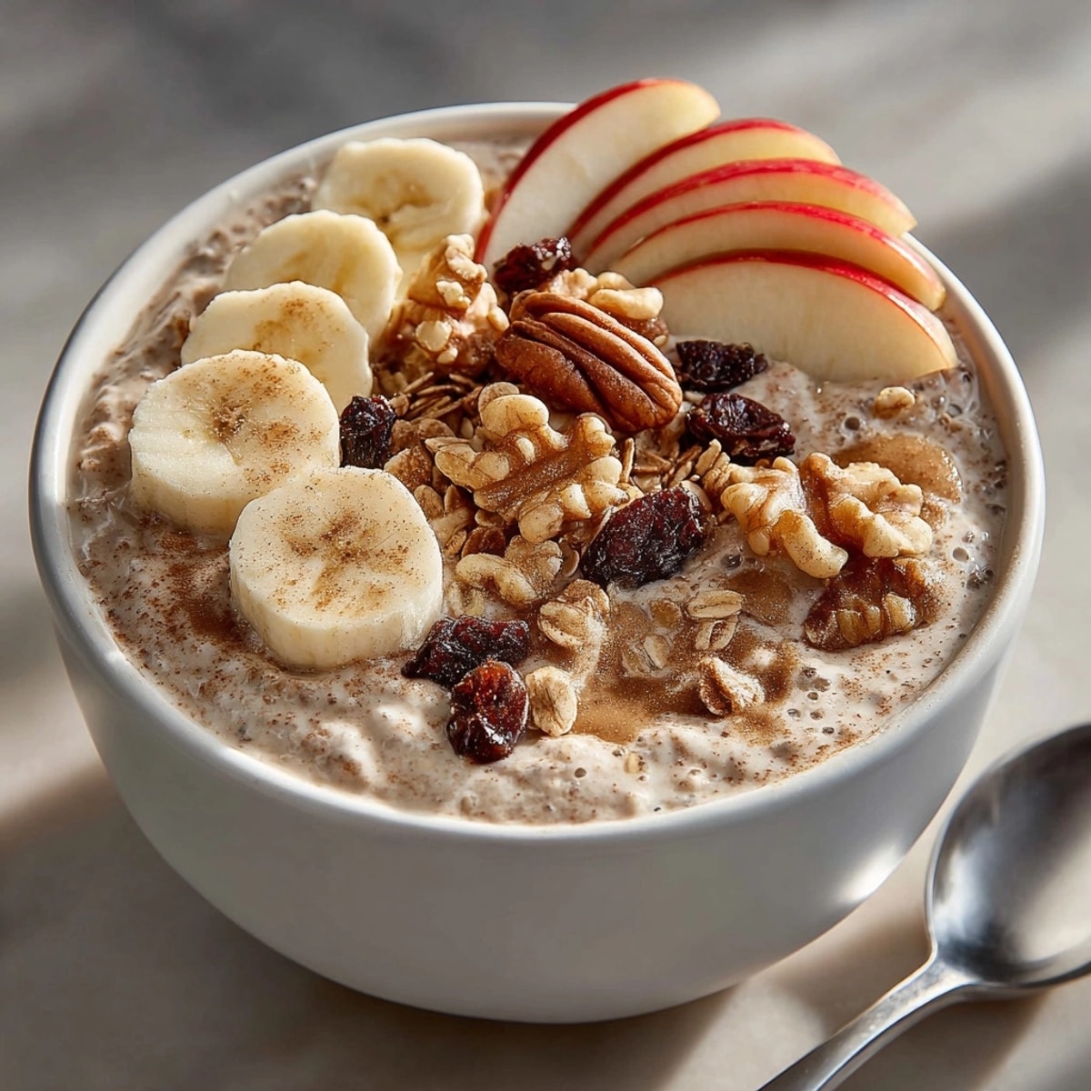 Vibrant Apple Pie Smoothie Bowl with crunchy granola, nuts, and a dusting of cinnamon.