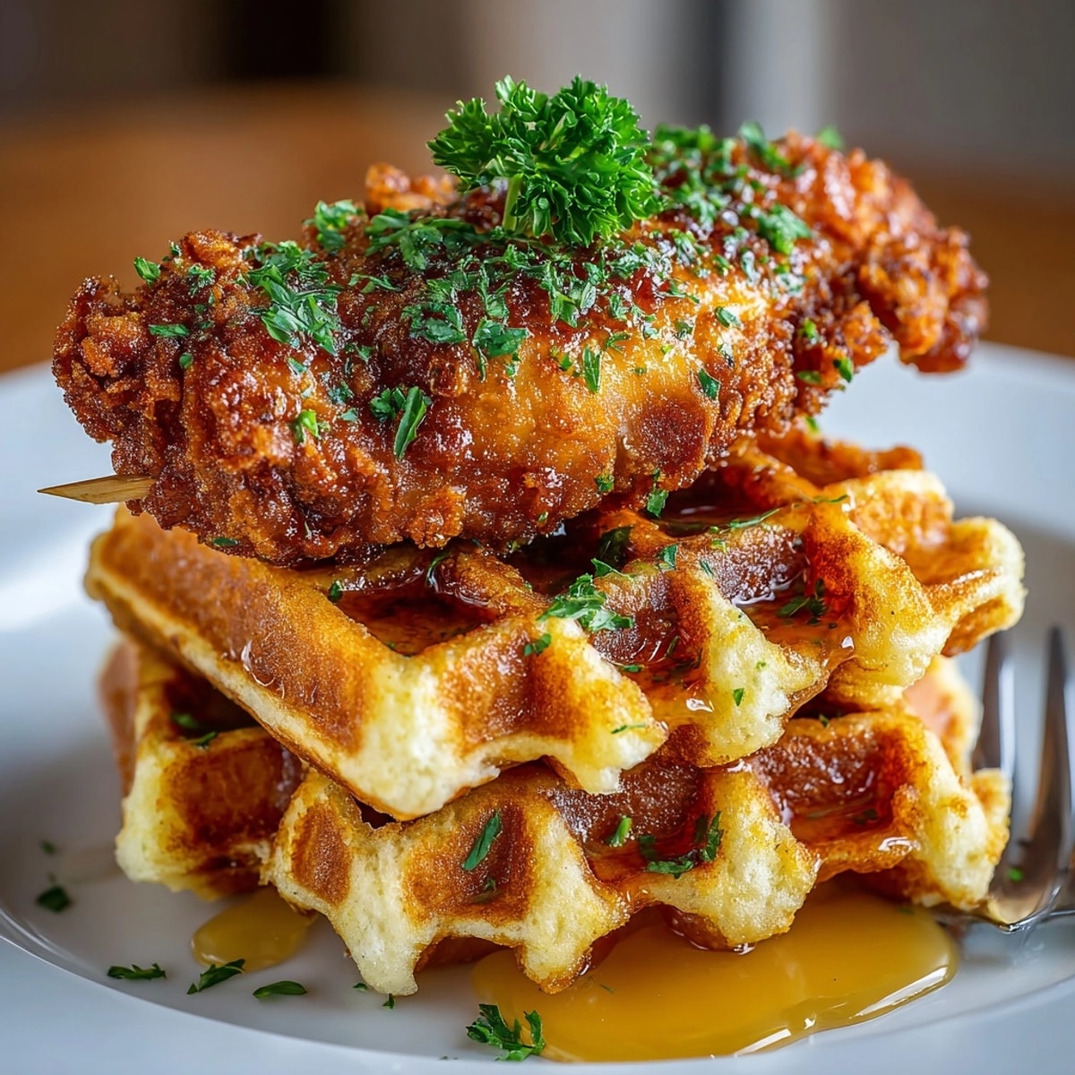 Golden Chicken and Waffle Bites, glistening with maple syrup, ready for an irresistible brunch.