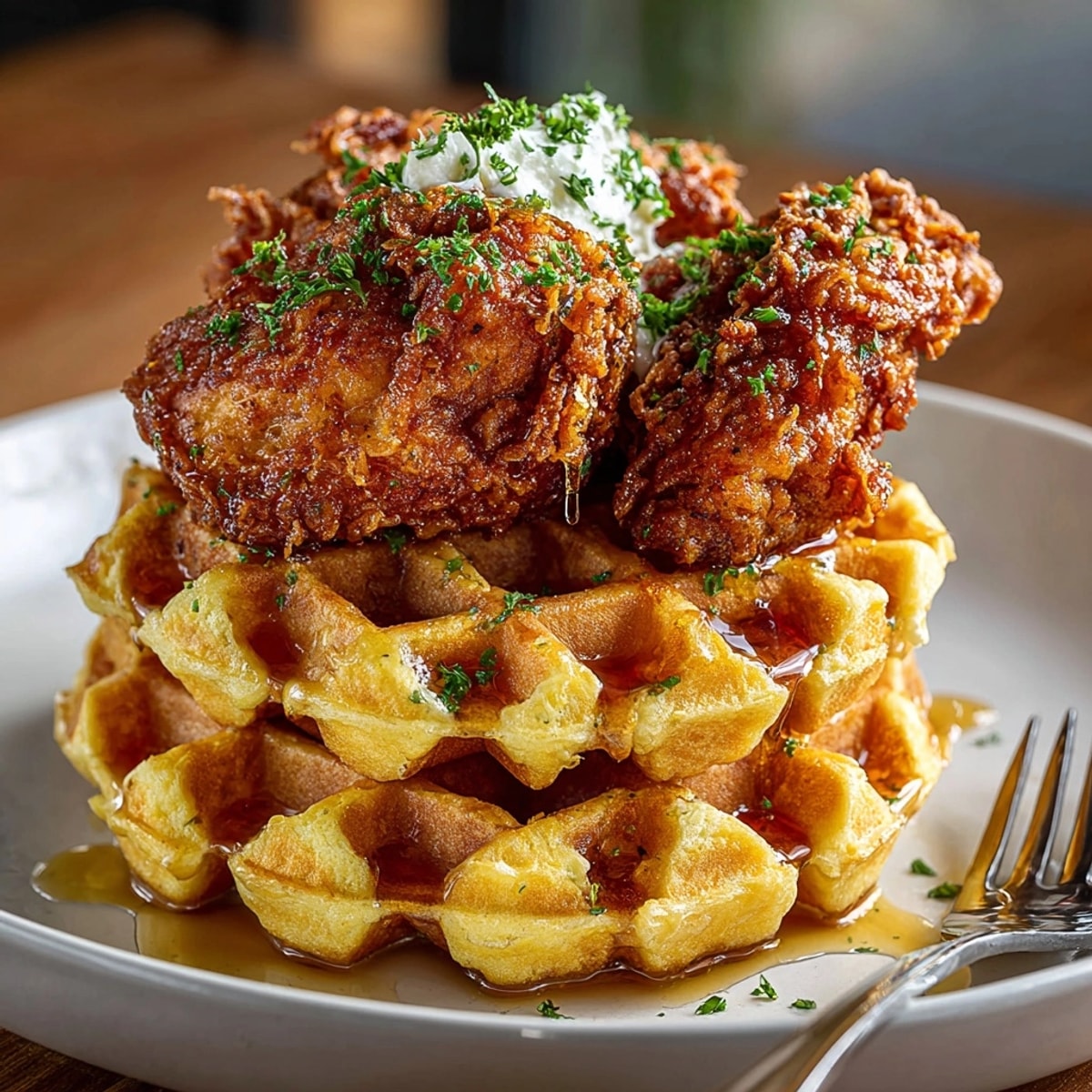 Close-up of savory Chicken and Waffle Bites on skewers, fried golden and drizzled sweetly.