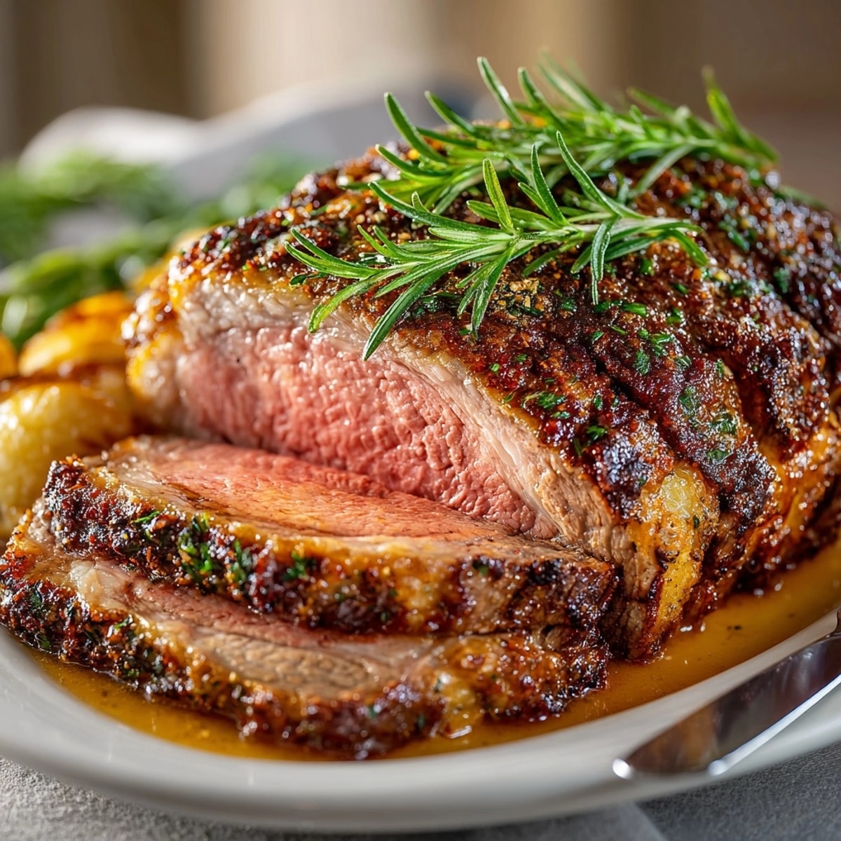 A beautifully browned Roasted Garlic & Rosemary Prime Rib, ready to be carved.