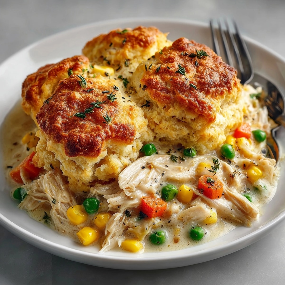 Easy one dish Chicken Cobbler Express; picture fluffy biscuits over a savory chicken filling.