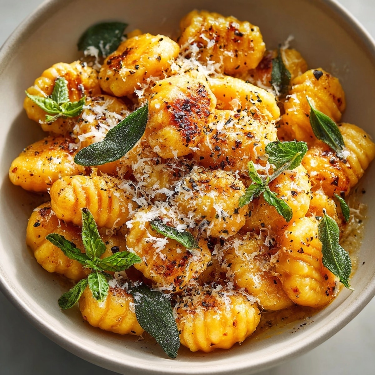 Homemade Sweet Potato Gnocchi: pillowy dumplings glistening with browned butter, ready to savor.