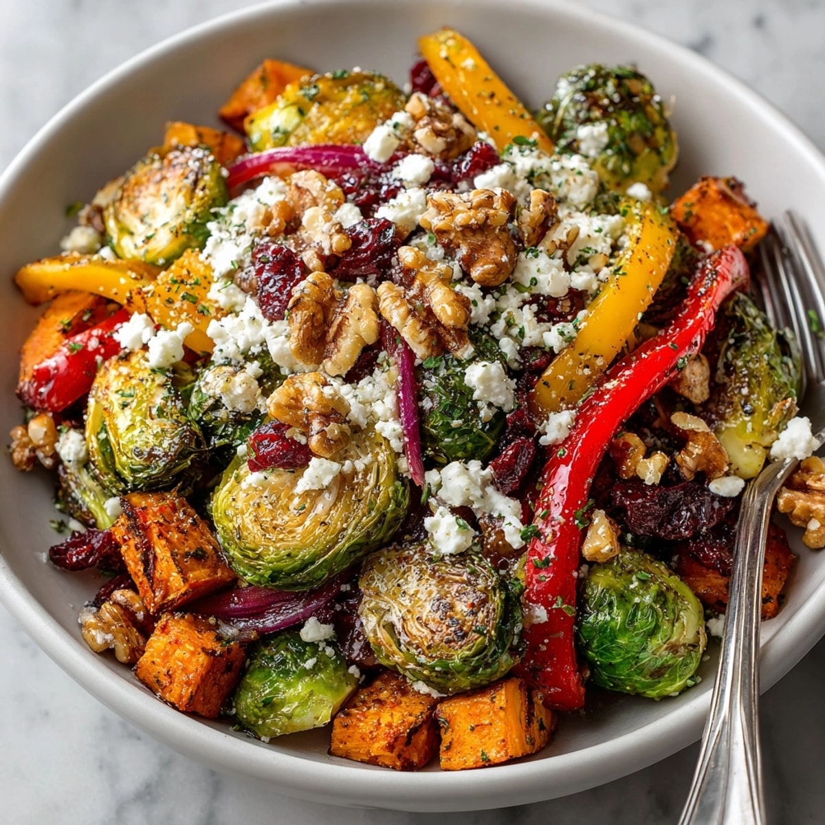 Golden brown Baked Salad with Brussels Sprouts, a savory vegetarian dish served warm.