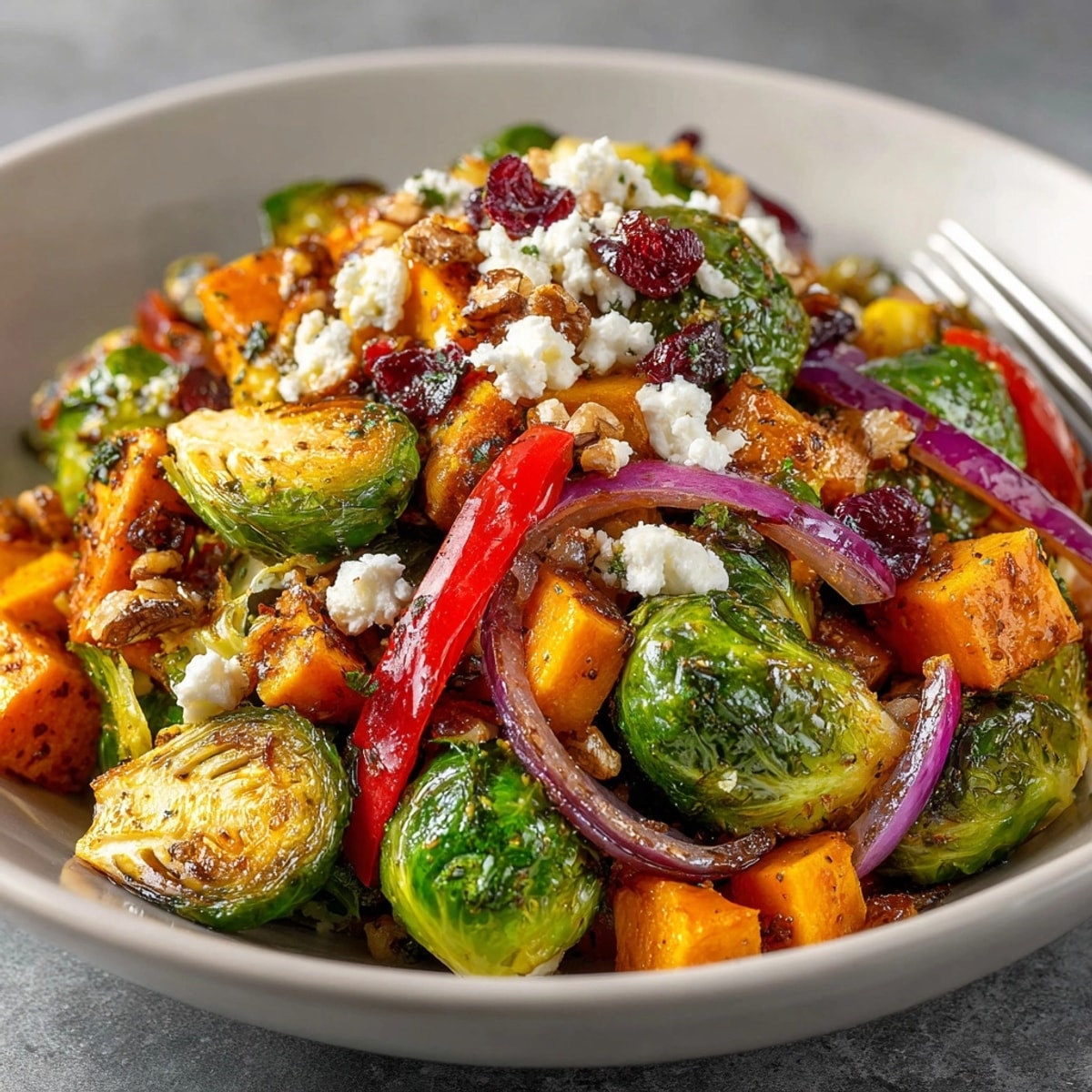 Close-up of the Baked Salad with Brussels Sprouts highlighting the sweet potato cubes.