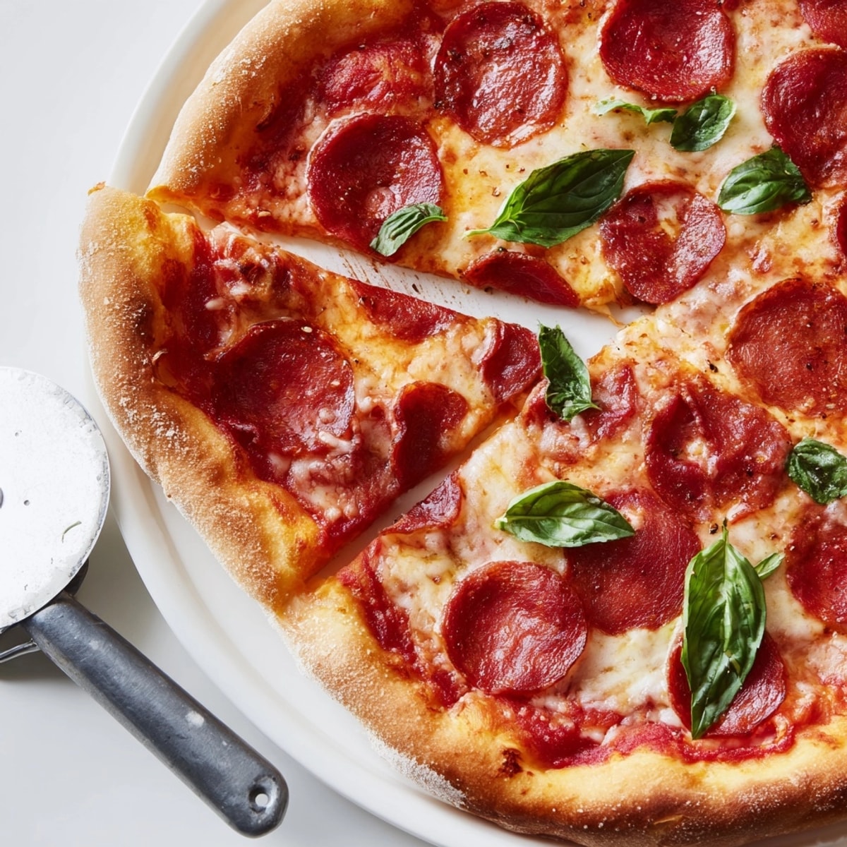 Close-up of a freshly baked pepperoni pizza, showcasing melted cheese and sizzling spicy pepperoni.