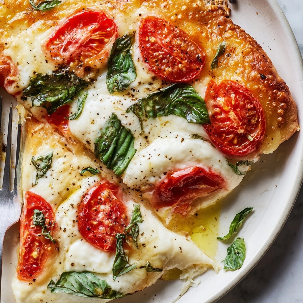 Close-up of a freshly baked Margherita Pizza, revealing its simple yet delicious Italian flavors.