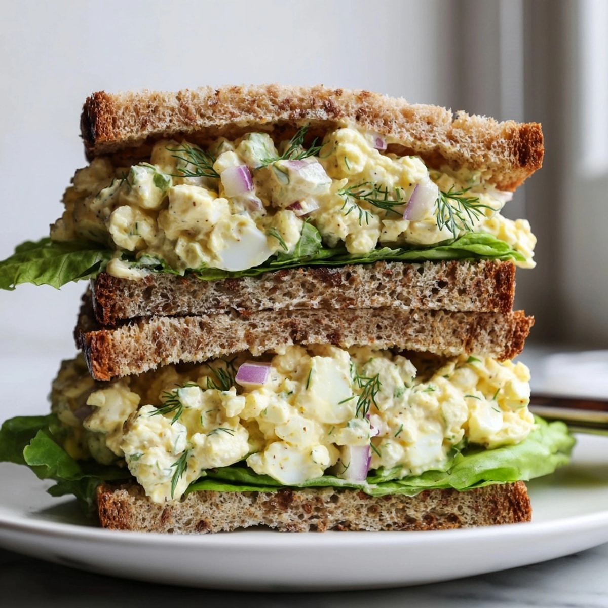 Close-up of a creamy egg salad sandwich, oozing from soft white bread, halved.