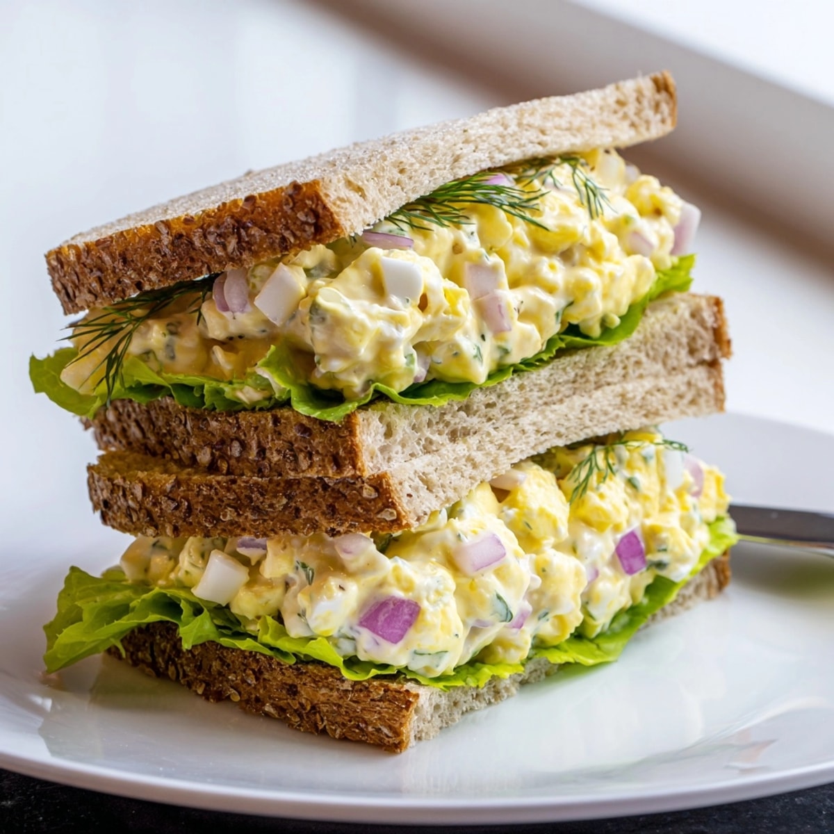 Delicious egg salad sandwich on lettuce and bread, a classic American recipe.