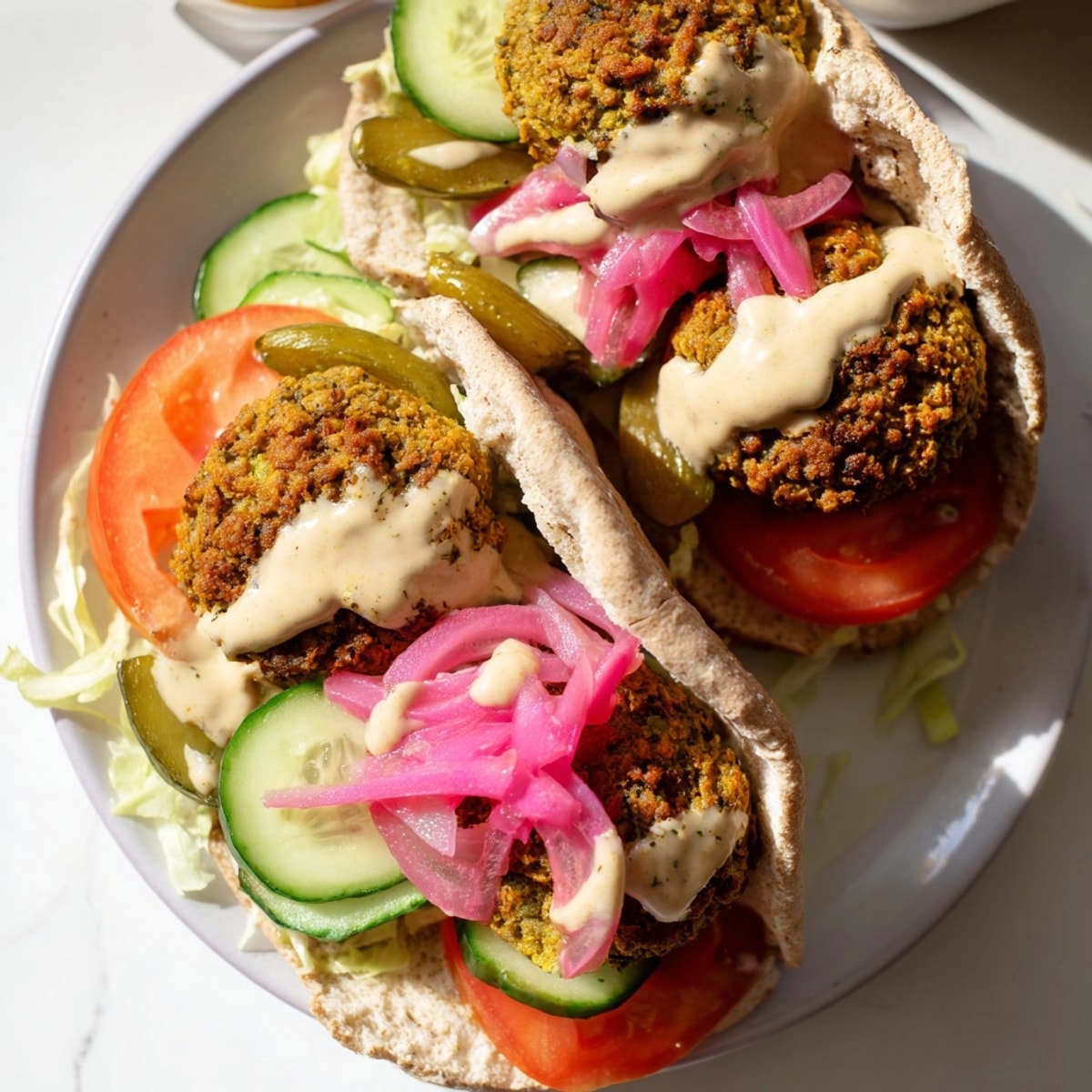 Golden fried falafel pita, overflowing with fresh veggies and creamy tahini sauce.