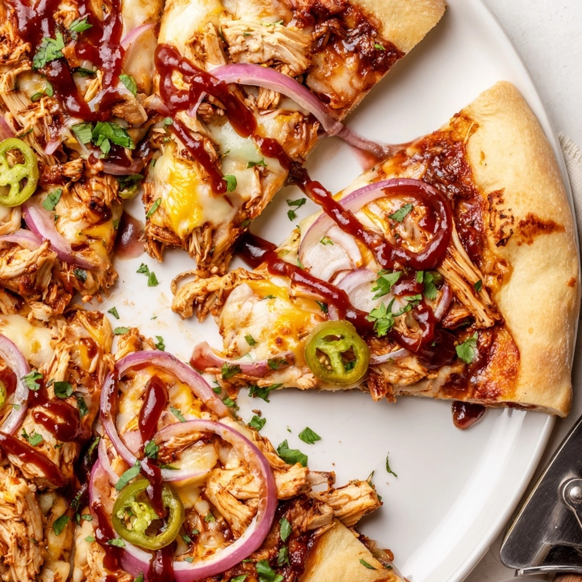 Golden BBQ Chicken Pizza with melted mozzarella and vibrant red onion slices.