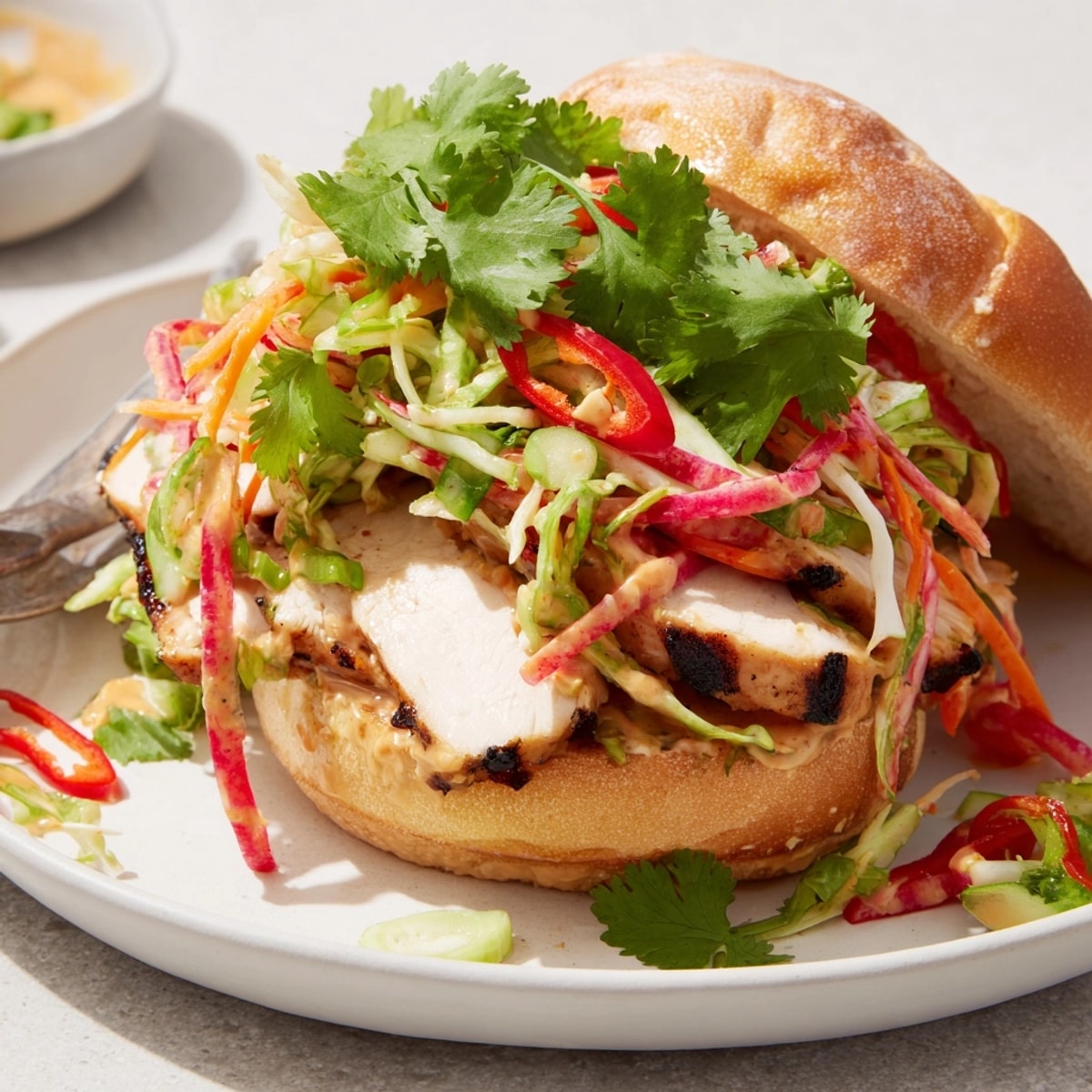Close-up of a juicy Thai peanut slaw chicken sandwich, bursting with colorful slaw.