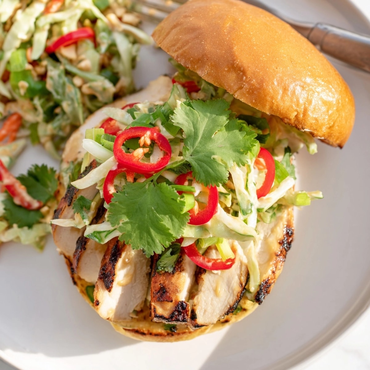Delicious, layered Thai Peanut Slaw Chicken Sandwich. Grill marks, vibrant slaw, inviting texture.