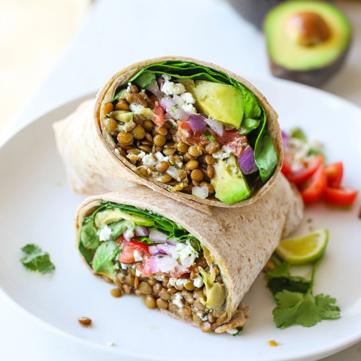 Close-up of a sliced Avocado Lentil Breakfast Wrap showing colorful, fresh ingredients inside tortilla.