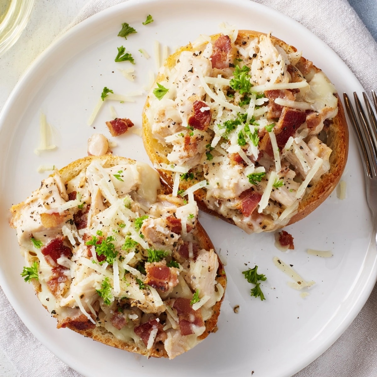 Creamy Alfredo Chicken Bacon Pizza Bagels, golden and bubbly, ready for a quick weeknight dinner.