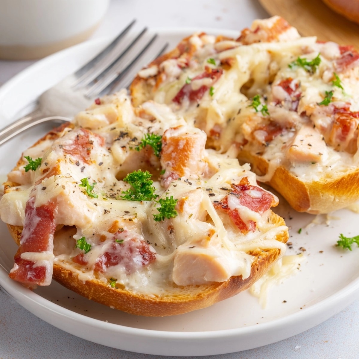 Homemade Alfredo Chicken Bacon Pizza Bagels with melted mozzarella and crispy bacon topping.