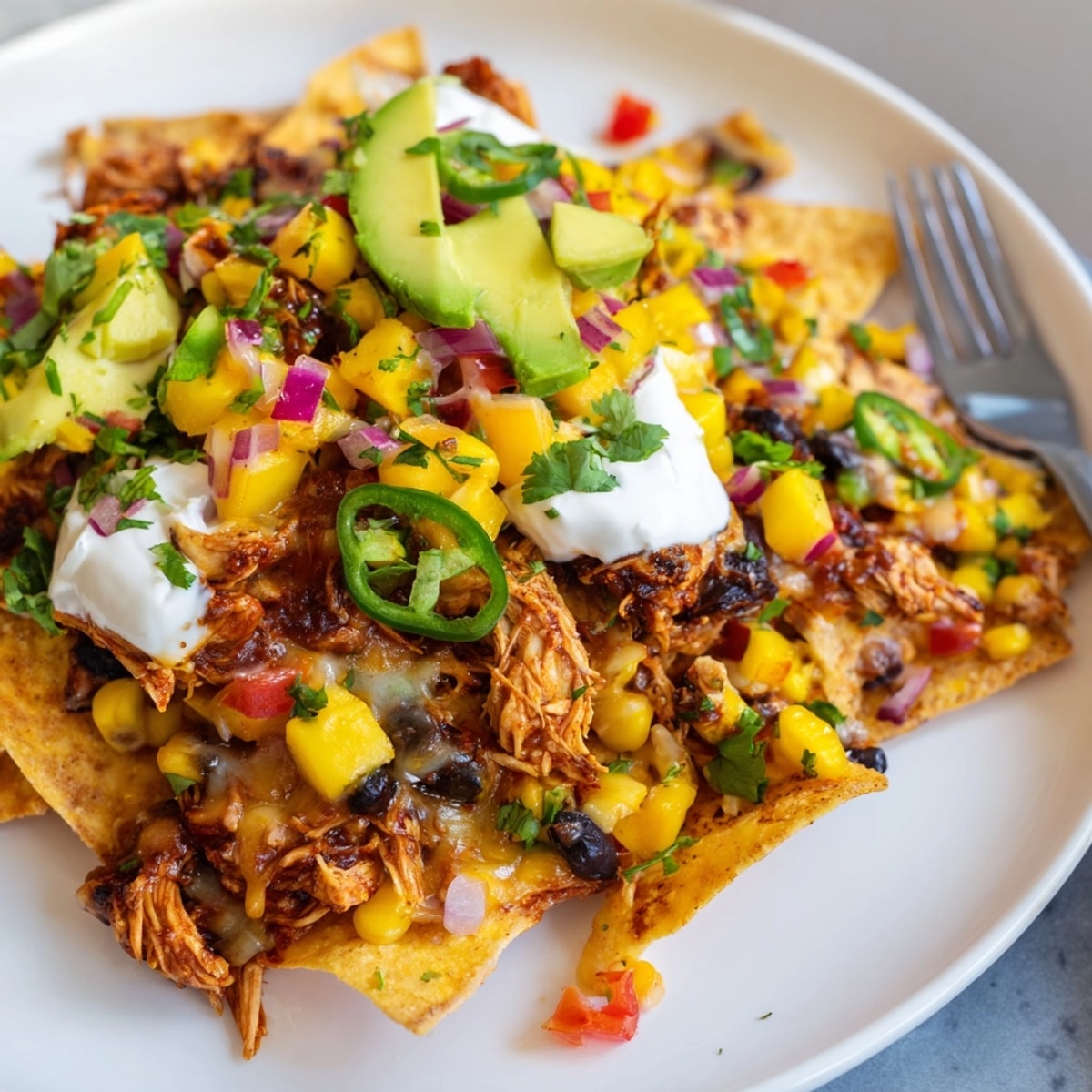 Close-up shot of vibrant Mango Salsa BBQ Chicken Nachos, melty cheese, and colorful toppings.