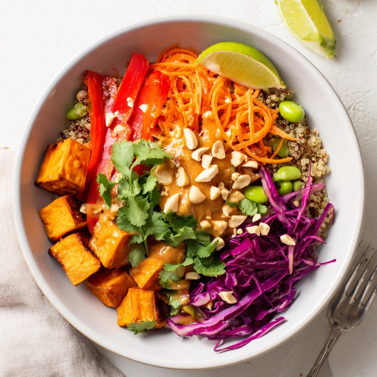 Golden Thai Peanut Roasted Sweet Potato Bowl ready to eat with vibrant toppings.