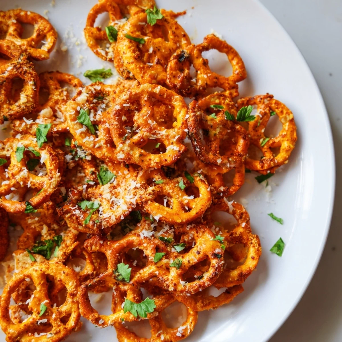 Festive Holiday Snack Spicy Pretzel Chips, drizzled with savory spices and baked until crispy.