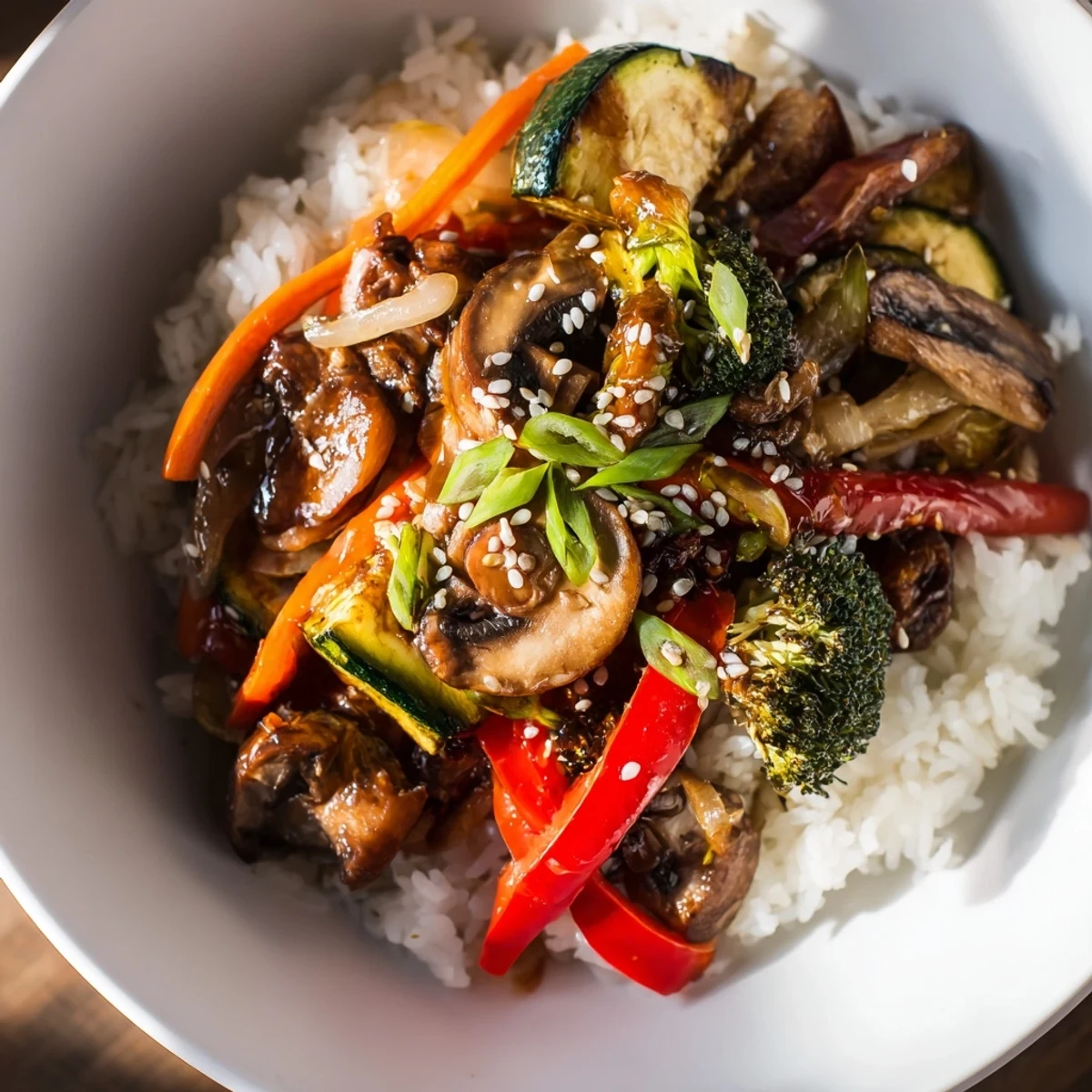 Vibrant Japanese Hibachi Veggie Bowls with colorful vegetables over steaming jasmine rice.  