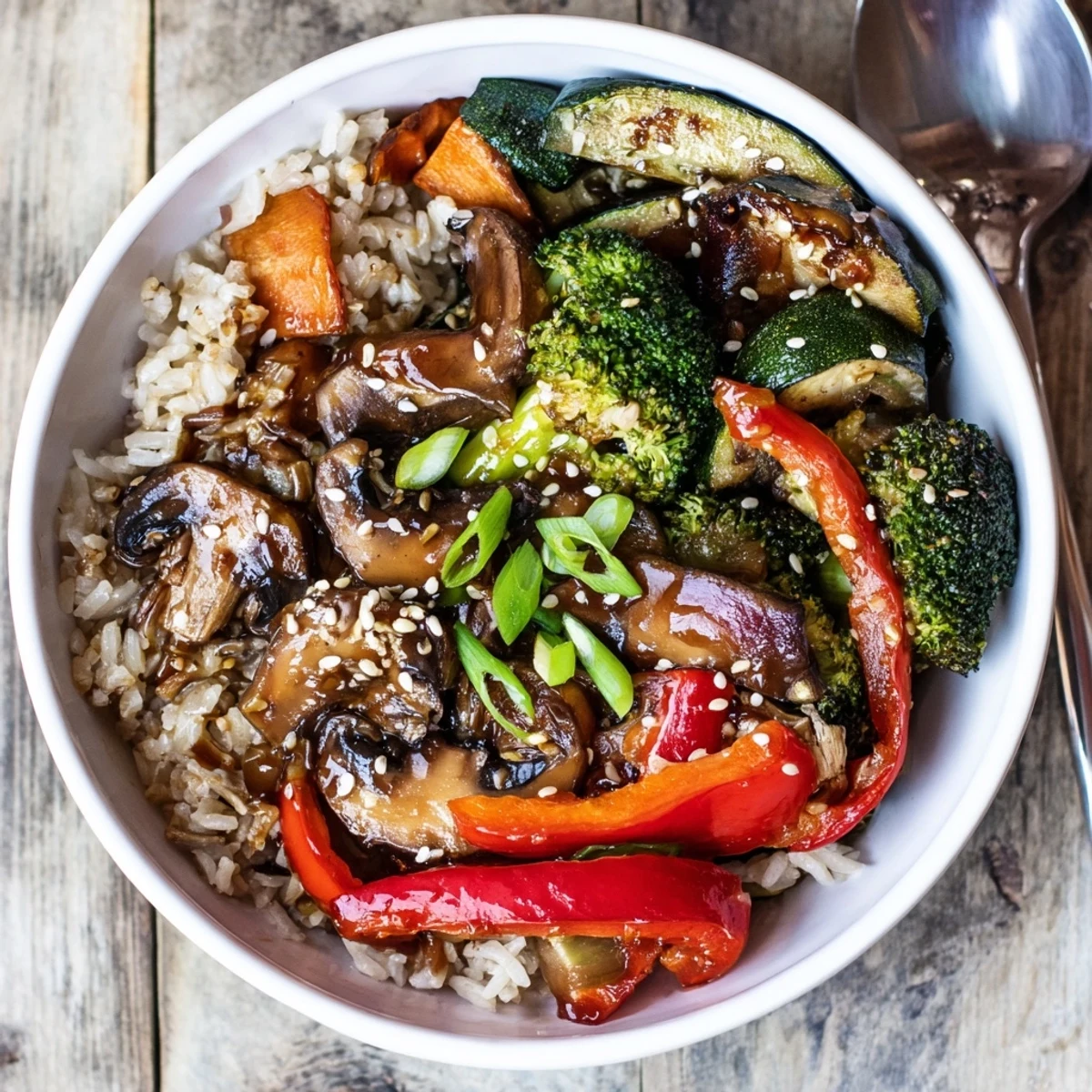 Sizzling Japanese Hibachi Veggie Bowls topped with savory garlic-ginger sauce and sesame.  