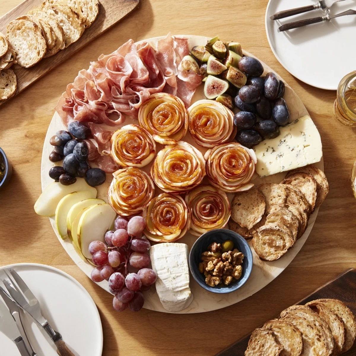 Elegant charcuterie board with apple rosettes, fresh fruits, and savory cheeses.  