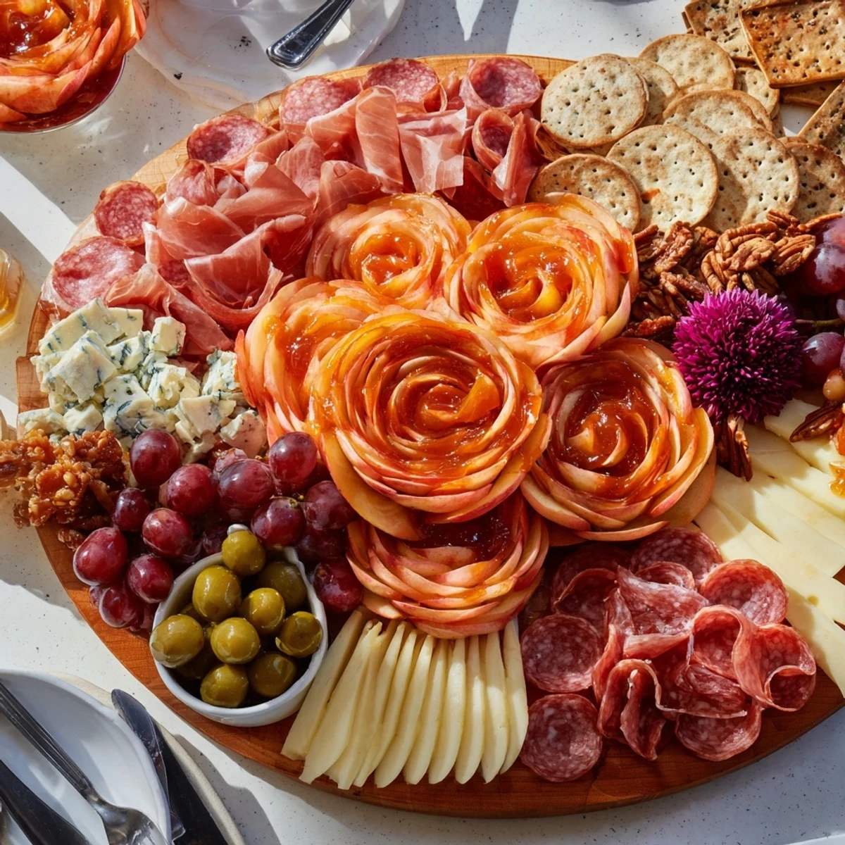 Delicious charcuterie board featuring apple rosettes and a variety of gourmet cheeses.  
