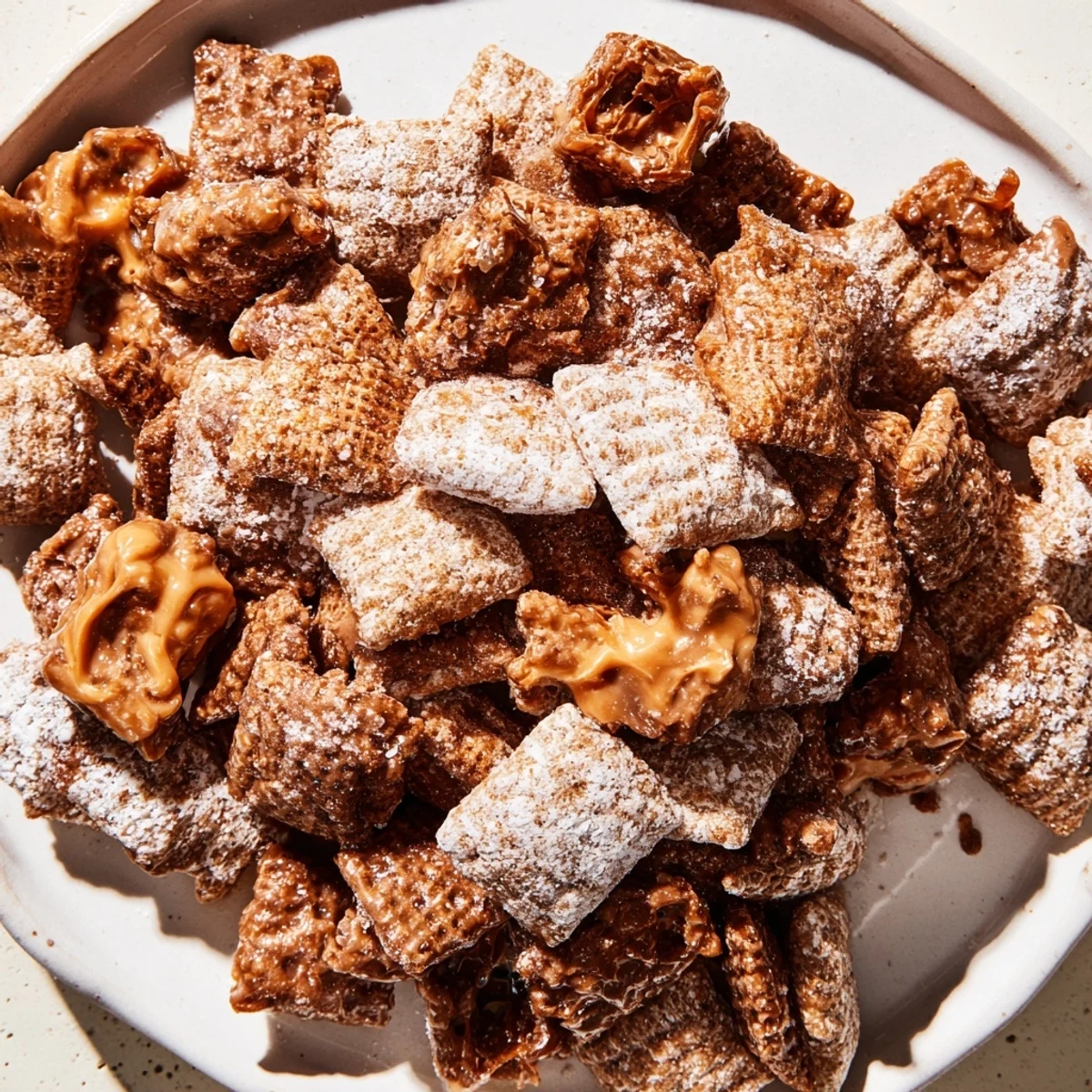 Indulgent bowl of Thanksgiving Chai-Spiced Puppy Chow, overflowing with cozy flavors and textures.