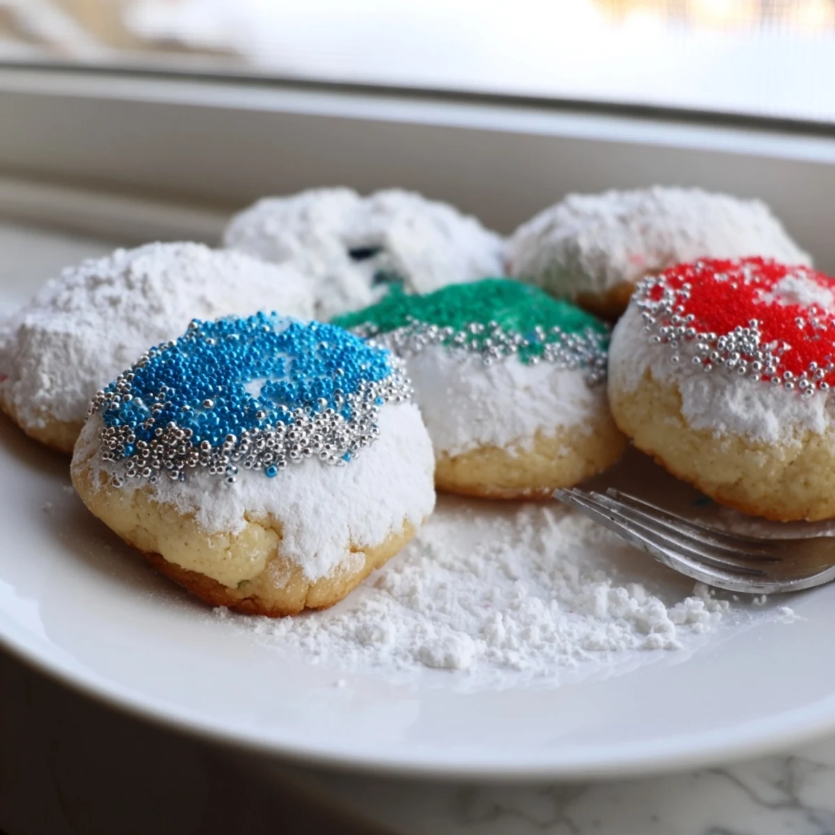 Light and fluffy Festive Hanukkah Puffed Christmas Cookies dusted with powdered sugar.  