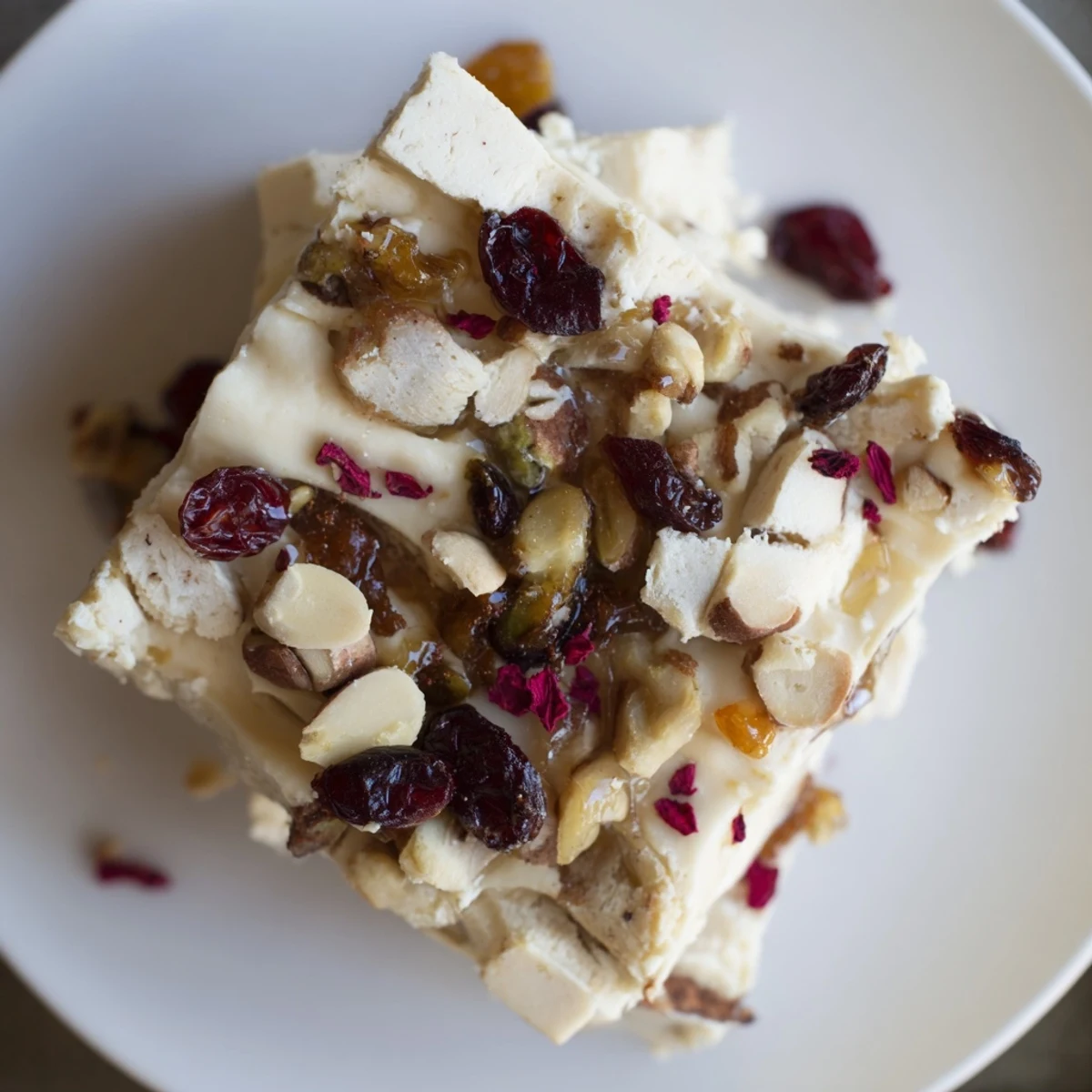 Delicious Charcuterie Board Sugar Cookie Fudge, drizzled with honey and studded with toppings.