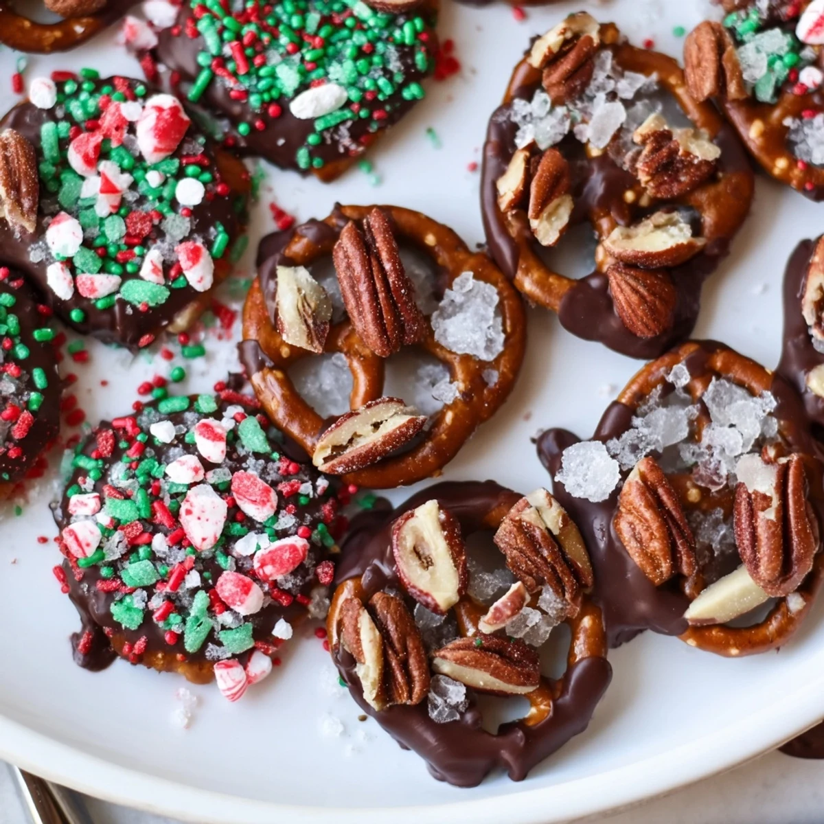 Crispy Holiday Snack Chocolate Pretzel Thins with festive toppings for sweet-salty bliss.  