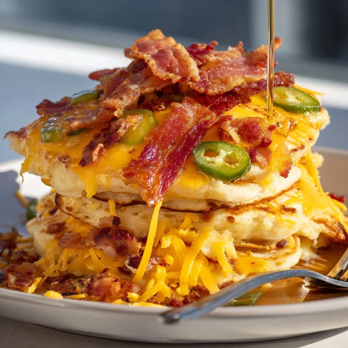 Fluffy Cheddar Jalapeño Chaos Cake pancakes topped with crispy bacon and honey drizzle.  