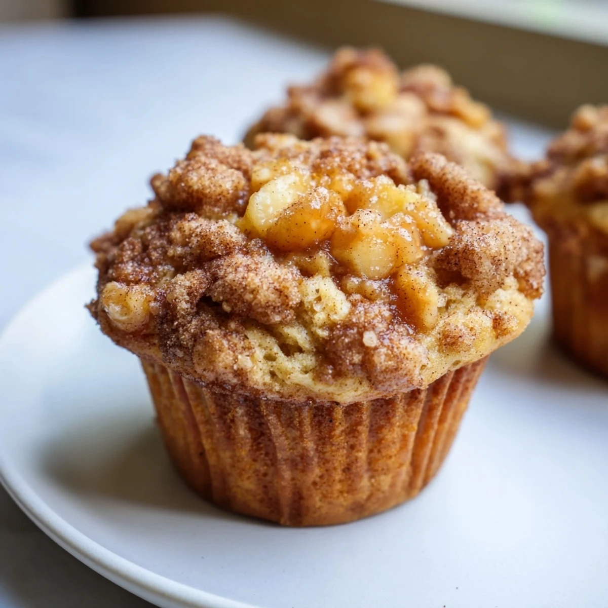 Deliciously warm caramel apple cinnamon sweet tea muffins topped with sweet cinnamon sugar.