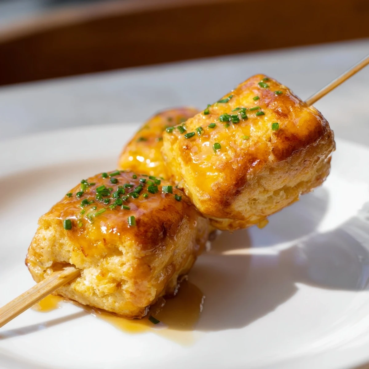 Tender Maple Bourbon Cheddar Biscuit Skewers drizzled in a glossy, sweet glaze.  