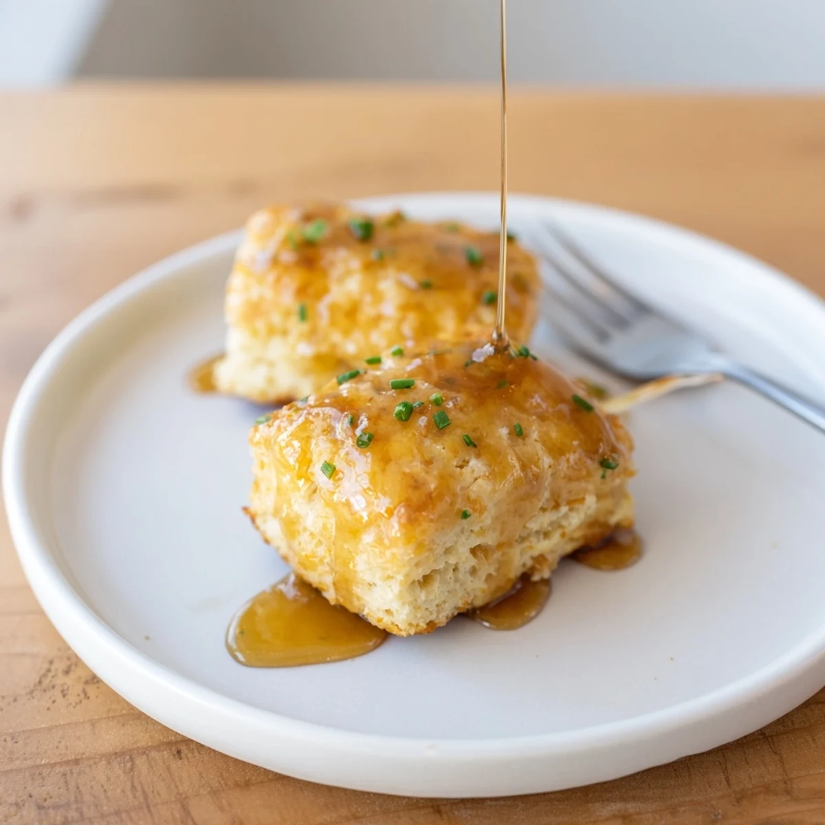 Flaky cheddar biscuits on skewers, topped with rich maple-bourbon syrup.  