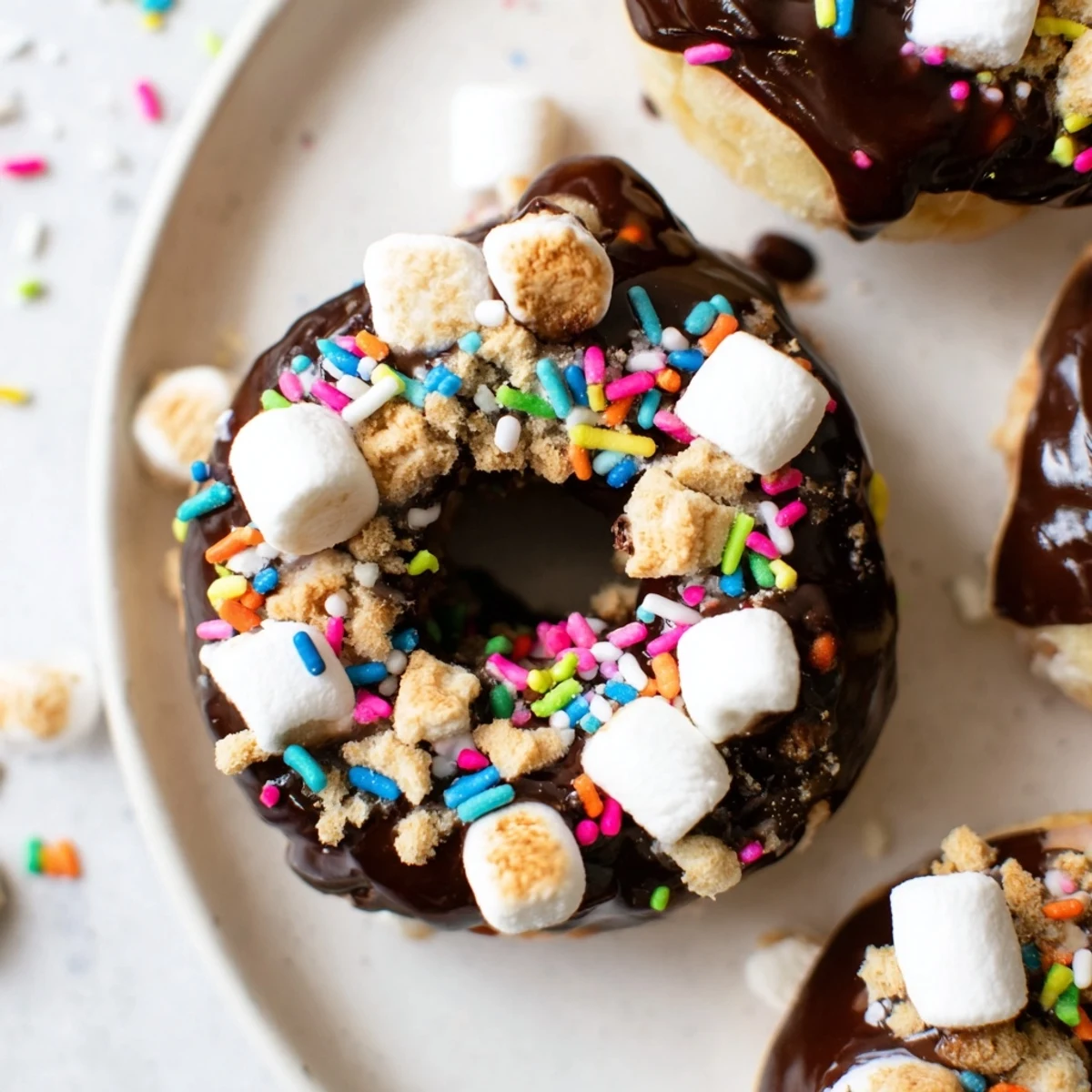 Fluffy Smores Birthday Cake Biscuit Donuts drizzled with chocolate and sprinkled with colorful marshmallows.
