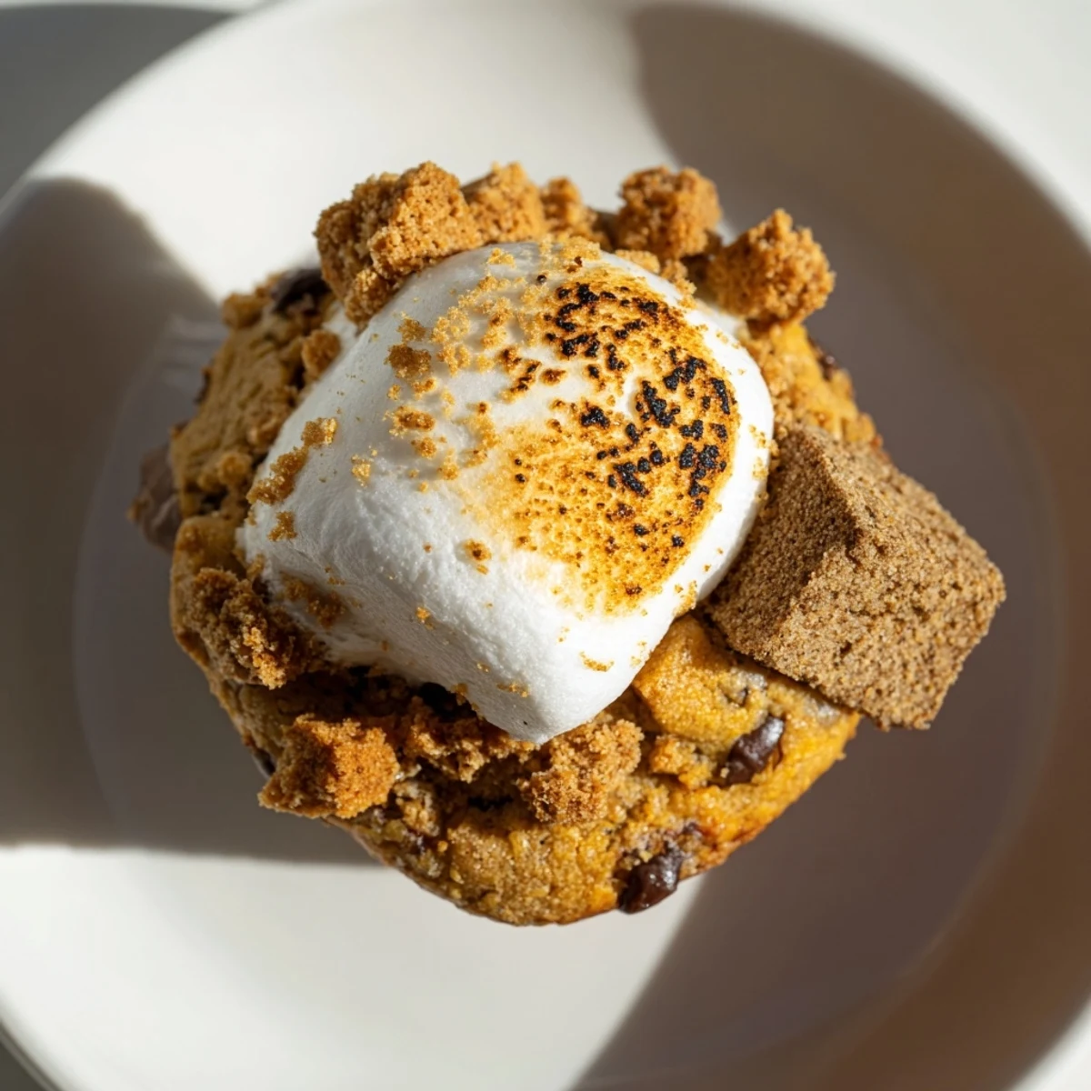 Soft Chai Spiced Smores Cookie Muffins drizzled with melted chocolate and topped with toasted marshmallows.