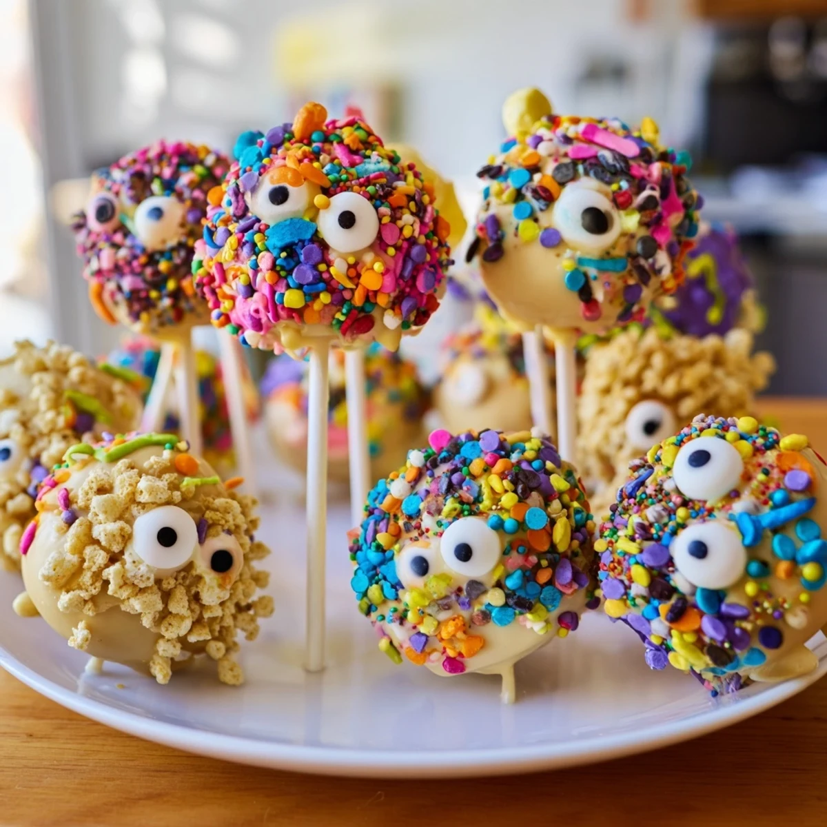 Deliciously decorated Cream Soda Monster Pancake Pops served on lollipop sticks for kids.